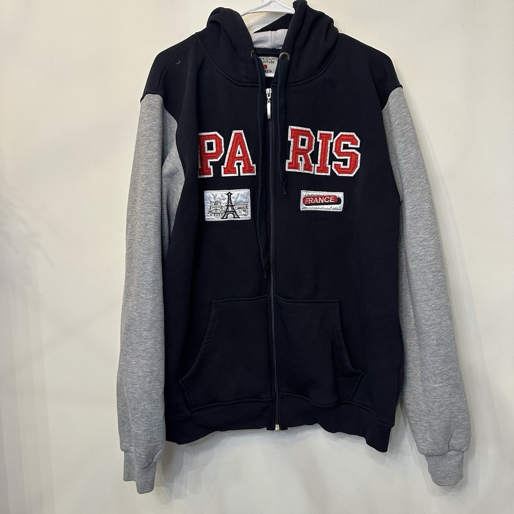 Unisex Hooded Sweatshirt Paris France 2XL Full Zip Up Blue Gray Eiffel Tower